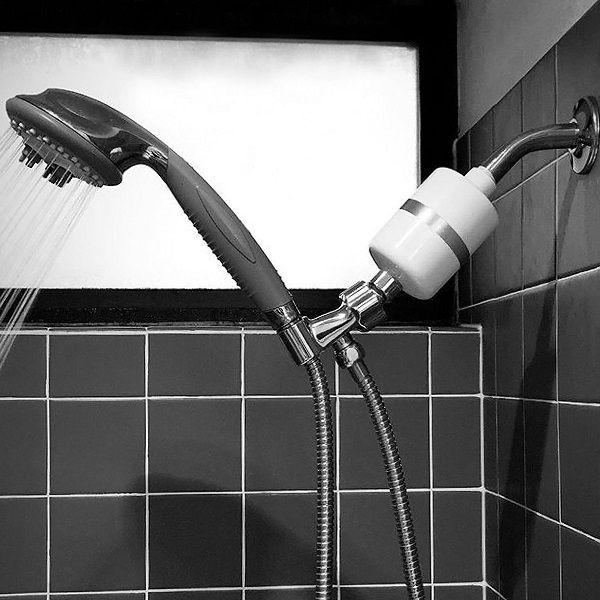 Berkey shower filter installed with a shower head