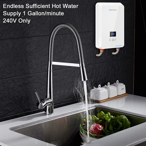 One of the best tankless electric water heater wall mounted beside a lavatory faucet