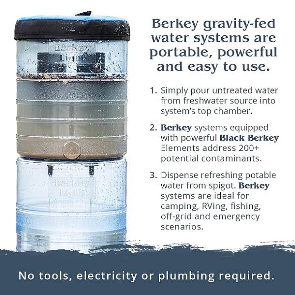 Big berkey countertop water filter that shows 2 fluoride filters and the filtered elements