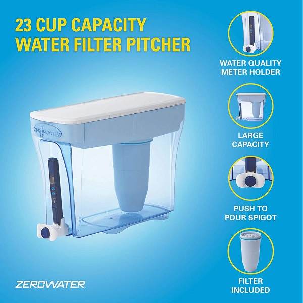 Zero Water features and functionality written beside the pitcher
