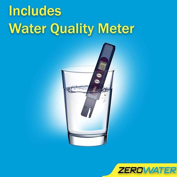 Zero water quality meter testing a glass of water's quality