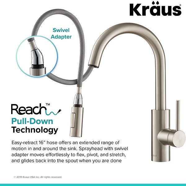 Kraus KPF-2620SFS Oletto Kitchen Faucet extended hose feature