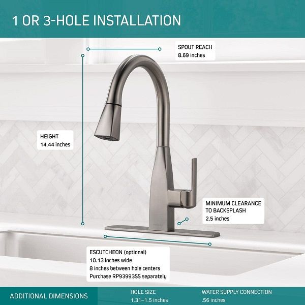 Peerless Xander pull out kitchen sink faucet with pull out sprayer features explained in a frame