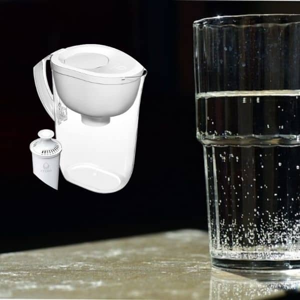 water filter pitcher and a glass of water